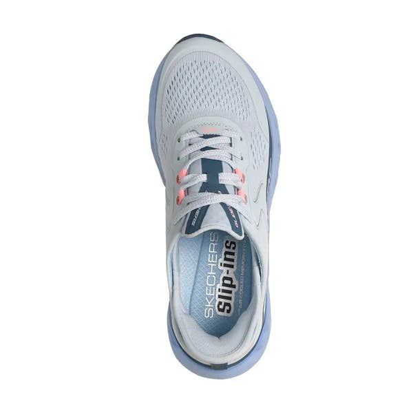 Skechers Glide Step Atlus ladies light blue textile vegan lace-up trainers, breathable athletic sneakers with cushioned insole.