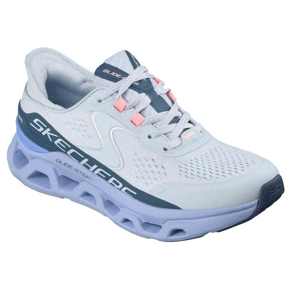 Skechers Glide Step Atlus ladies' light blue vegan lace-up trainers with breathable textile upper and cushioned sole.