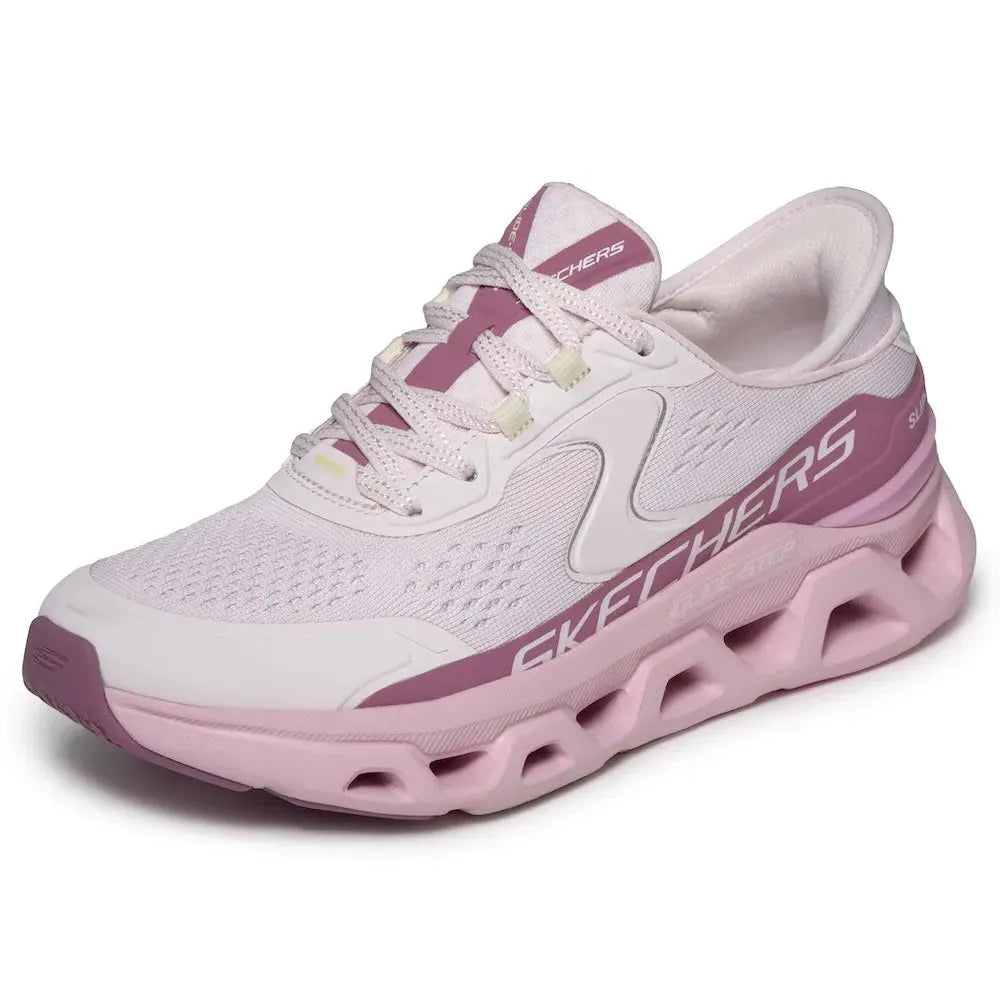 Skechers Glide Step Atlus women's light pink vegan athletic lace-up trainers with breathable textile upper and cushioned sole.