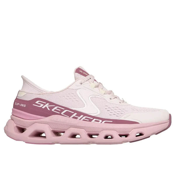Light pink Vegan Skechers Glide Step Atlus ladies running trainers with breathable textile upper and cushioned sole.