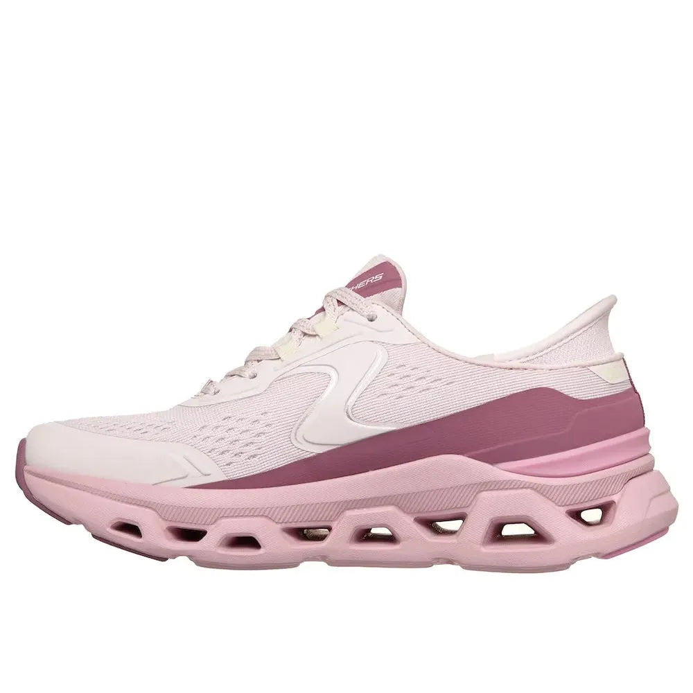 Skechers Glide Step Atlus ladies light pink vegan textile lace-up trainers with cushioned sole and breathable upper.