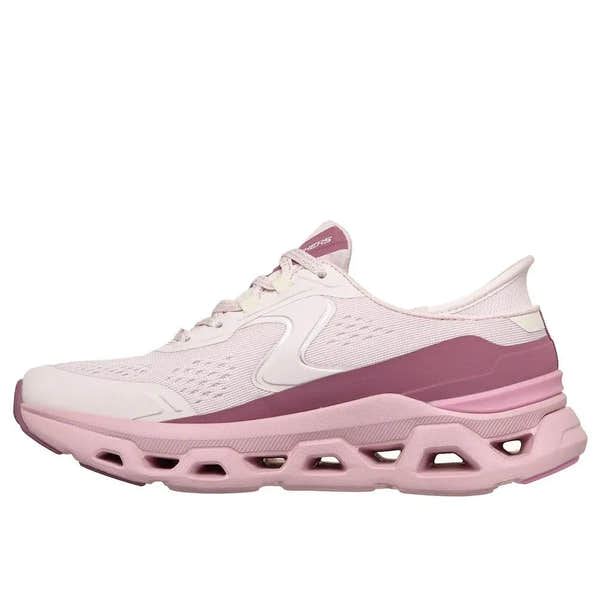 Skechers Glide Step Atlus ladies light pink vegan textile lace-up trainers with cushioned sole and breathable upper.