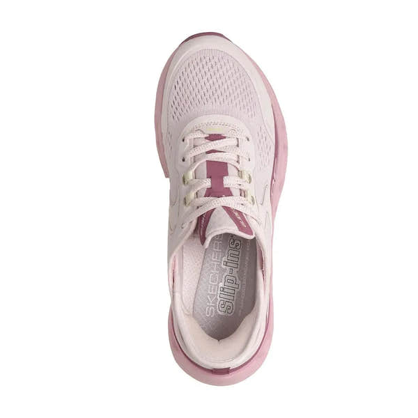Skechers Glide Step Atlus women's light pink vegan lace-up trainers with breathable textile upper and cushioned insole.