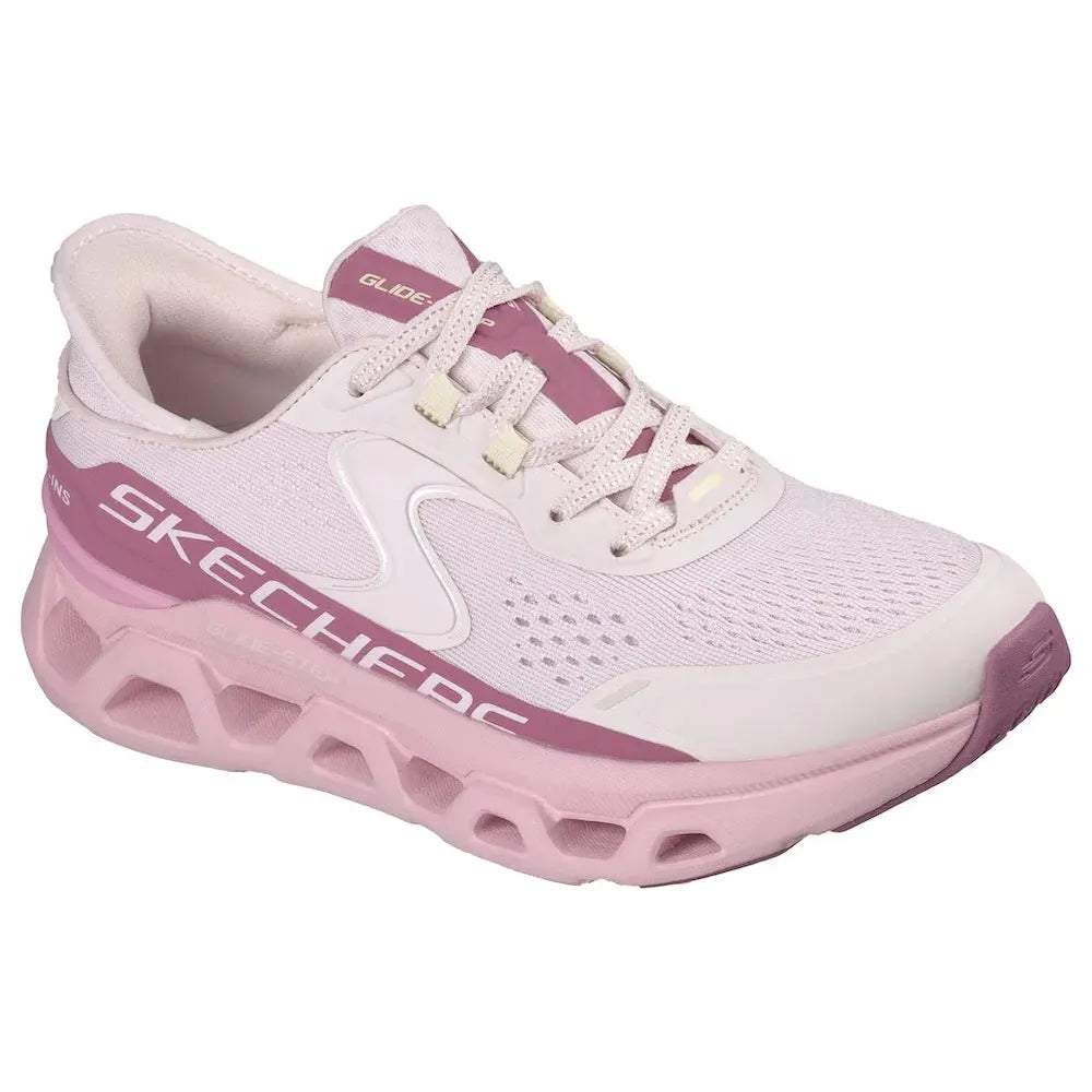 Skechers Glide Step Glide Atlus ladies' light pink vegan textile lace-up trainers with cushioned sole and breathable upper.