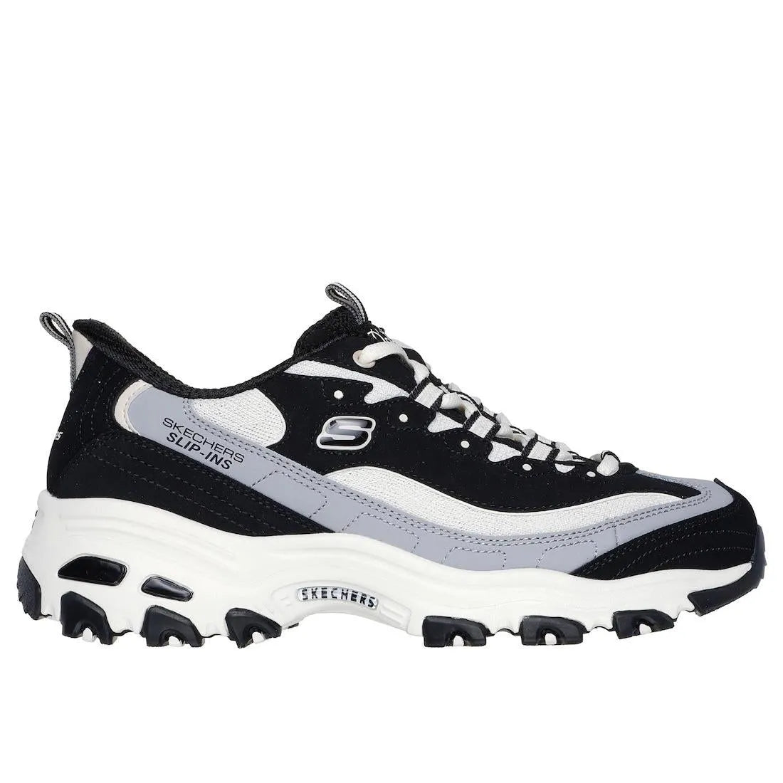 Skechers D’Lites Smooth Nostalgia Ladies Black/Natural Leather Lace-Up Trainers with chunky white sole and sporty design.