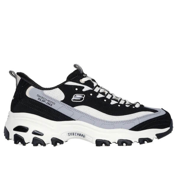 Skechers D’Lites Smooth Nostalgia Ladies Black/Natural Leather Lace-Up Trainers with chunky white sole and sporty design.