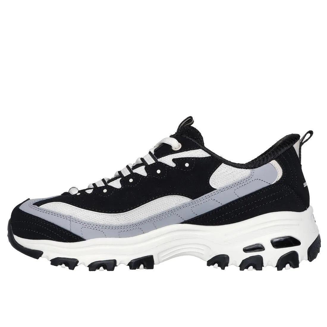 Skechers D’Lites Smooth Nostalgia Ladies Black/Natural Leather Lace-Up Trainers, sporty chunky sole, black and white design.