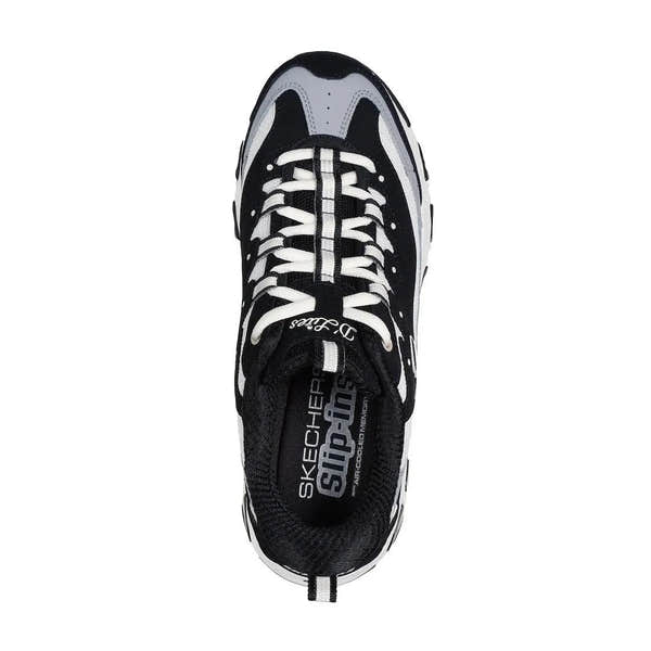 Skechers D’Lites Smooth Nostalgia women’s black and natural leather lace-up sneakers, sporty athletic trainer with chunky sole.