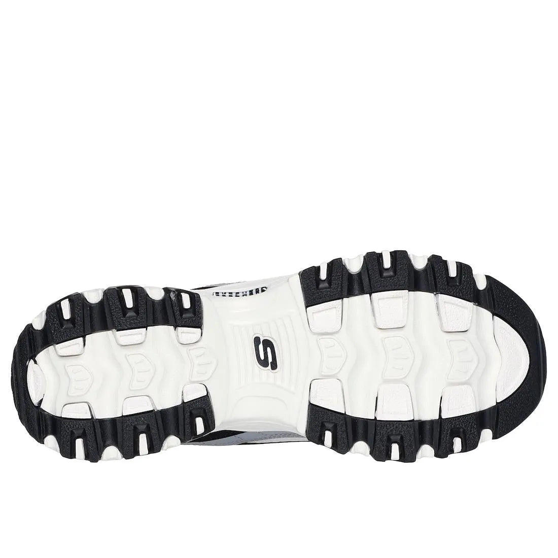 Skechers D’Lites Smooth Nostalgia ladies black and natural leather lace-up trainers with chunky black and white sole.