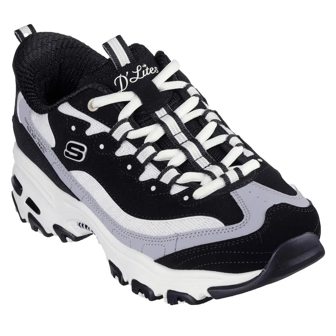 Skechers D’Lites Smooth Nostalgia ladies' black and natural leather lace-up trainers with chunky white sole.