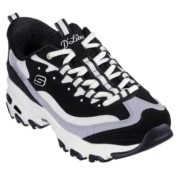 Skechers D’Lites Smooth Nostalgia ladies' black and natural leather lace-up trainers with chunky white sole.