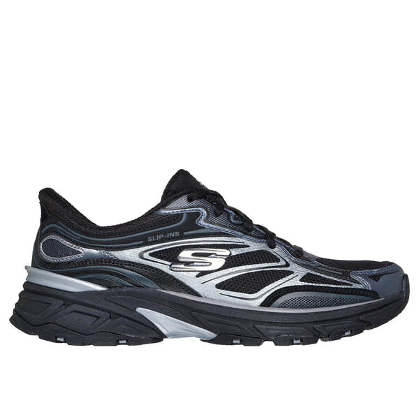 Skechers men's black athletic slip-on trainers with leather and textile upper, cushioned sole, and sporty design.