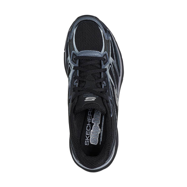 Skechers Stamina Sport Slip Ins Ladies Black Leather and Textile Lace-Up Trainers, athletic sporty sneakers with breathable design.