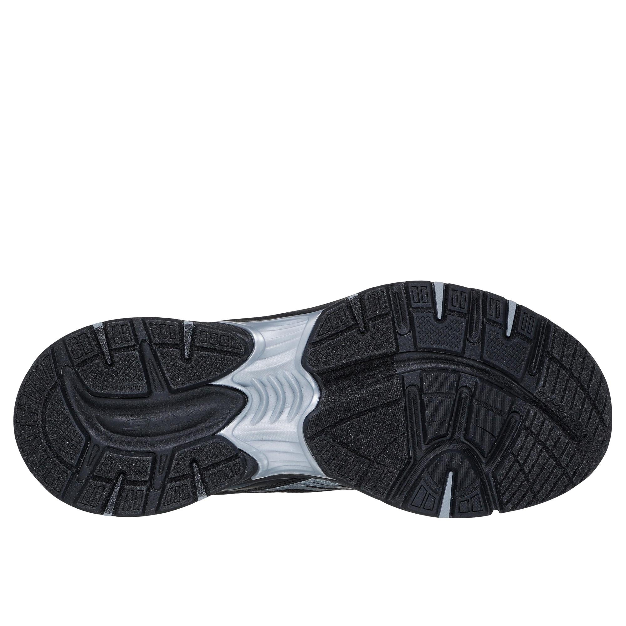 Skechers Stamina Sport slip-on ladies' black leather and textile lace-up trainers with rubber outsole and cushioned sole.