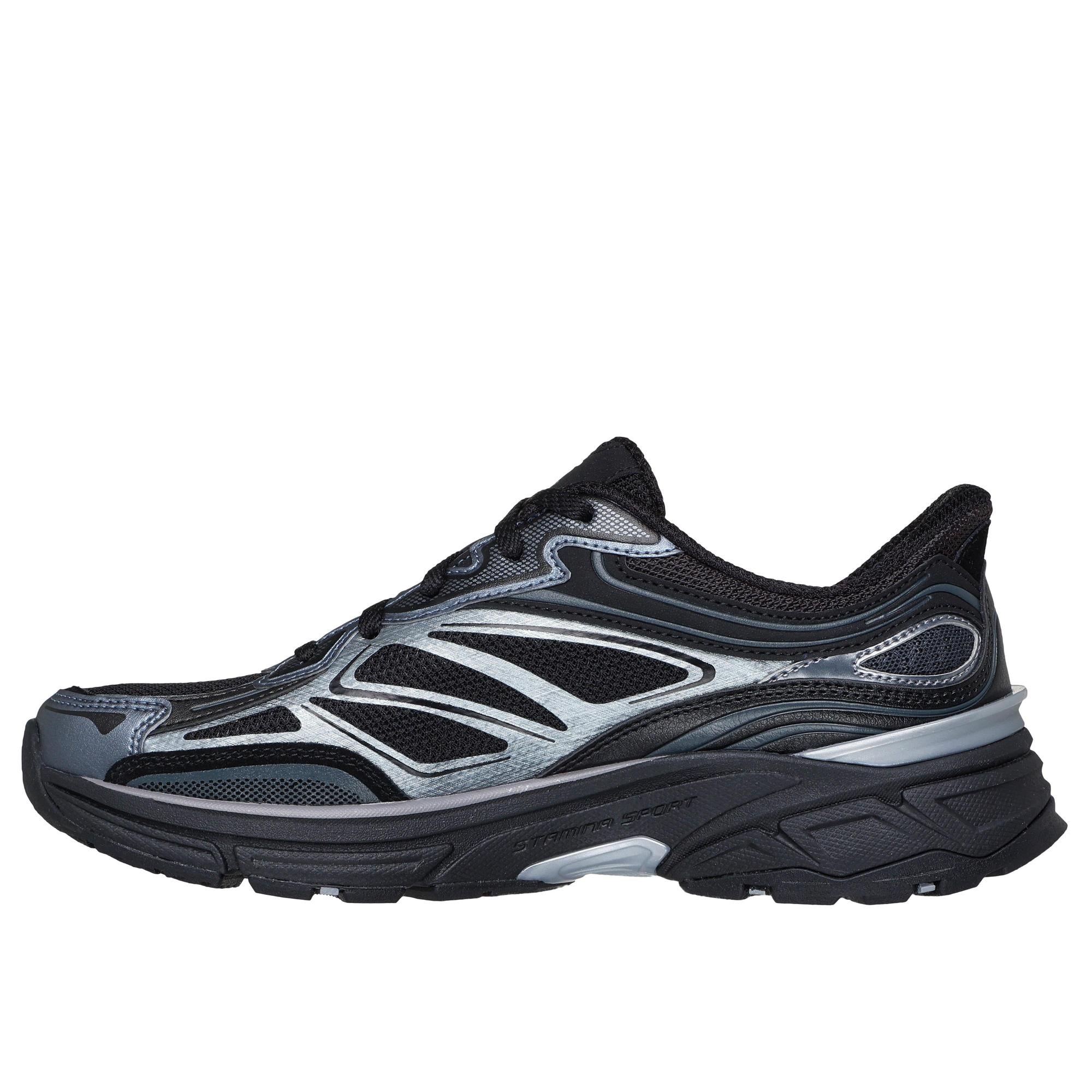 Skechers Stamina Sport Ladies Black Leather and Textile Lace-Up Trainers with cushioned sole and sporty design.