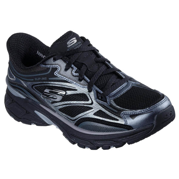 Skechers Stamina Sport slip-on ladies' black leather and textile lace-up trainers with cushioned sole and sporty design.