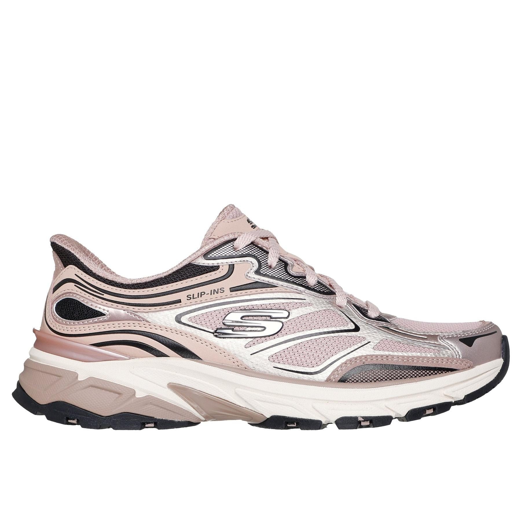 Skechers Stamina Sport Slip-Ins Ladies Rose Leather & Textile Lace-Up Trainers with cushioned sole.