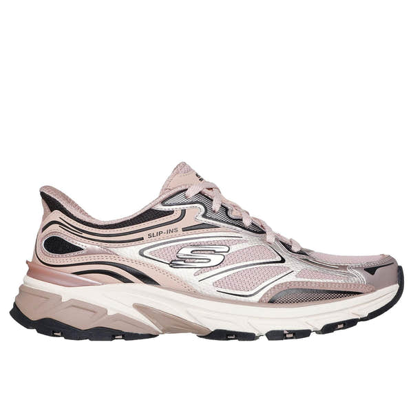 Skechers Stamina Sport Slip-Ins Ladies Rose Leather & Textile Lace-Up Trainers with cushioned sole.