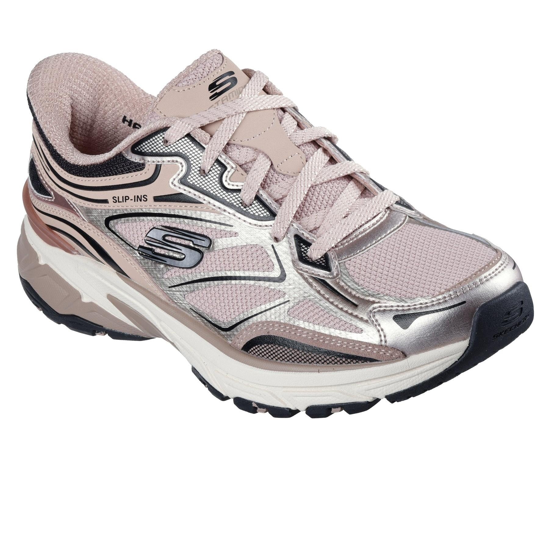 Skechers Stamina Sport slip-in ladies trainers in pink leather and textile with lace-up closure and sporty design.