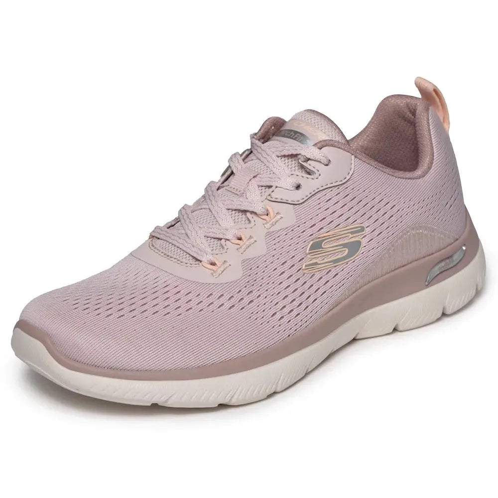 Skechers Arch Fit Summits Ladies light mauve vegan textile lace-up trainers with arch support and cushioned sole.