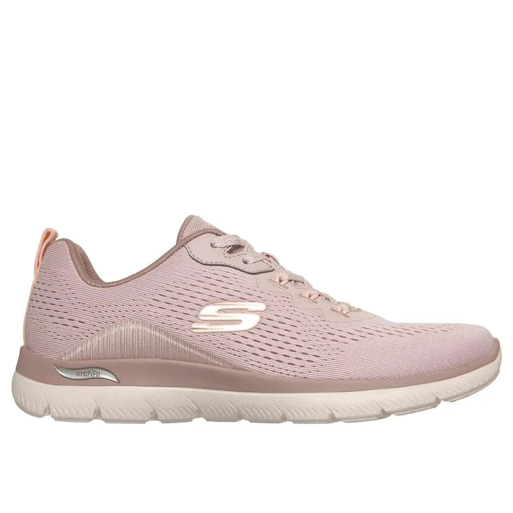 Skechers Women's Arch Fit Summits Daily Flow Light Mauve Vegan Lace-Up Trainers with breathable textile upper and arch support.