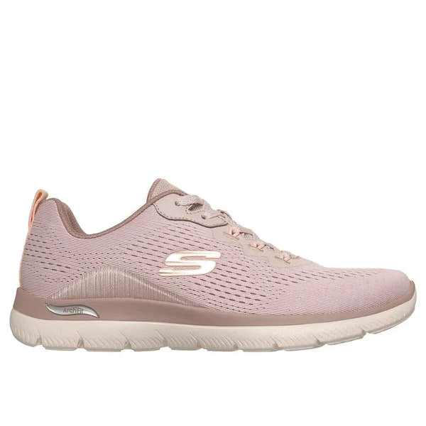 Skechers Women's Arch Fit Summits Daily Flow Light Mauve Vegan Lace-Up Trainers with breathable textile upper and arch support.