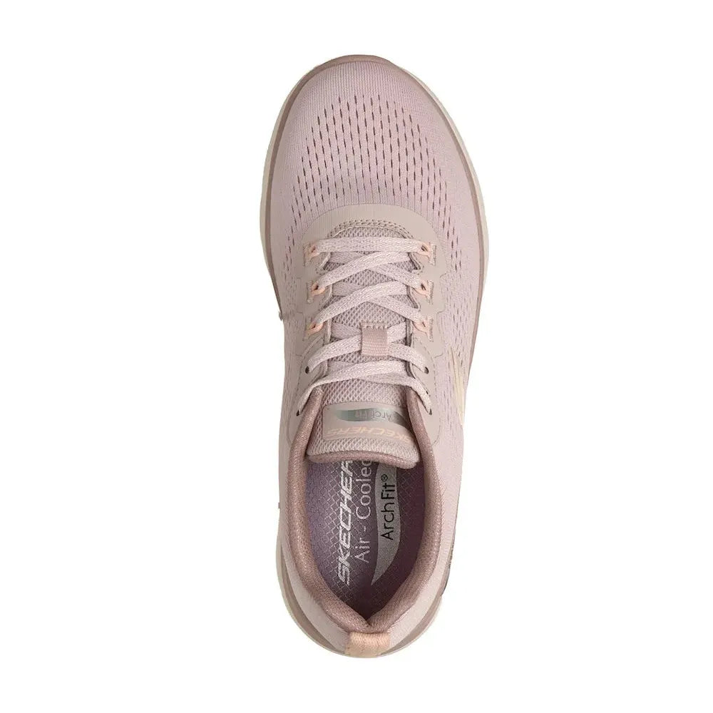 Skechers Women's Arch Fit Summits Daily Flow light mauve vegan lace-up trainers with arch support and breathable textile upper.