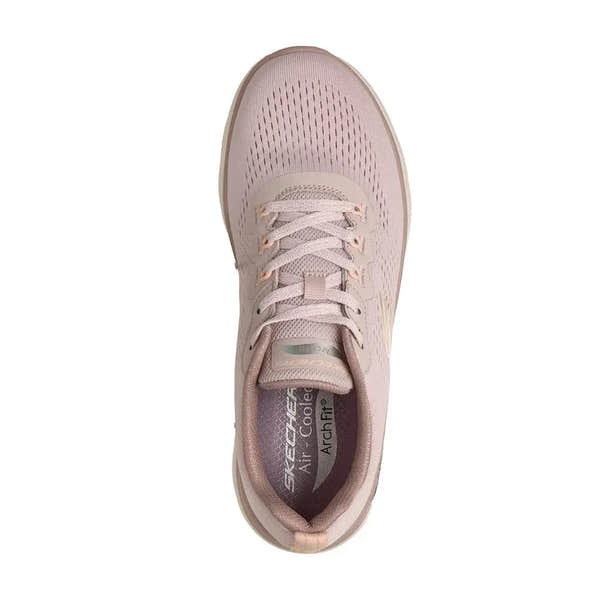 Skechers Women's Arch Fit Summits Daily Flow light mauve vegan lace-up trainers with arch support and breathable textile upper.