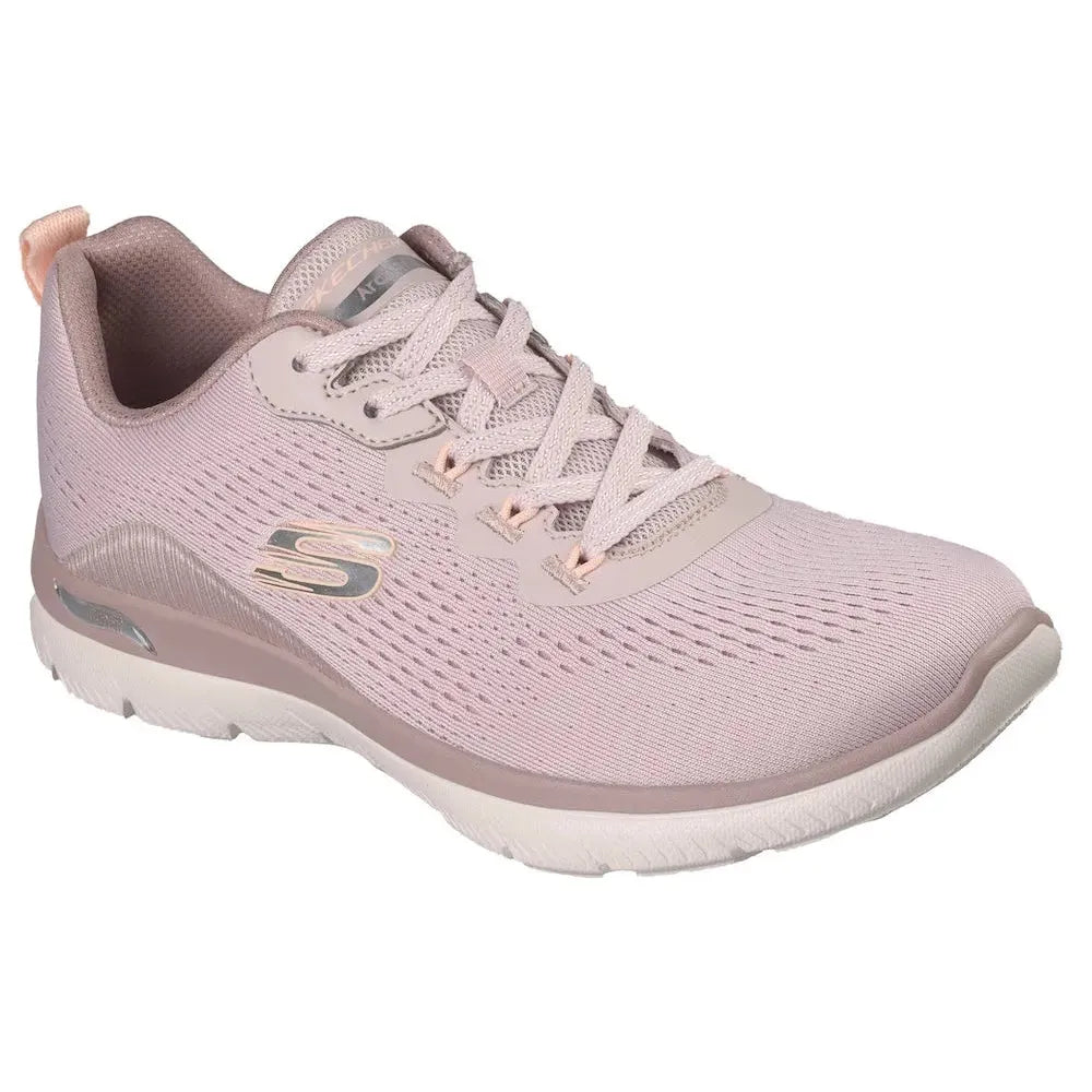 Skechers Arch Fit Summits Daily Flow ladies light mauve vegan textile running shoe with lace-up design and arch support.