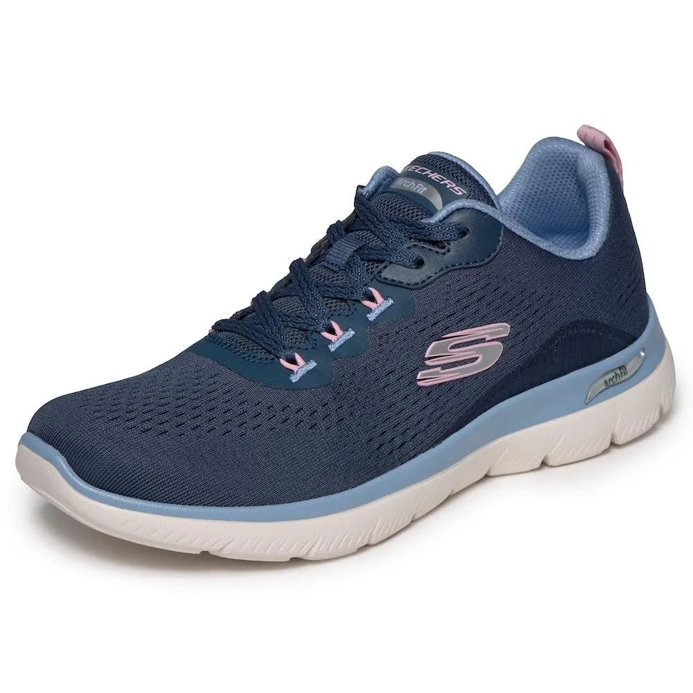 Skechers Arch Fit Summits Daily Flow ladies' navy and light blue vegan athletic trainers with arch support and lace-up closure.