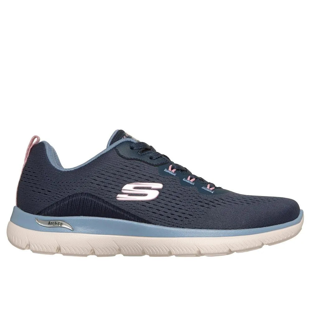Skechers Arch Fit Summits Daily Flow ladies navy and light blue vegan athletic sneakers with lace-up design and supportive arch insole.
