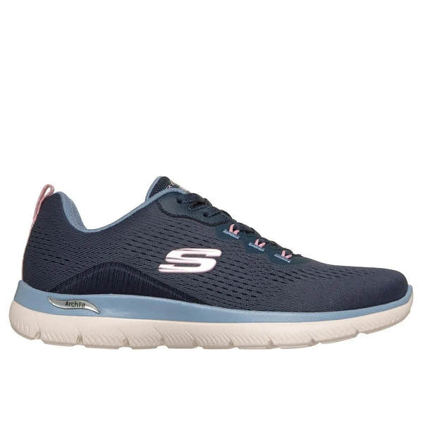 Skechers Arch Fit Summits Daily Flow ladies navy and light blue vegan athletic sneakers with lace-up design and supportive arch insole.