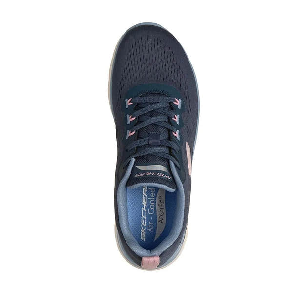 Skechers Arch Fit Summits ladies lace-up trainers in navy/light blue textile, Vegan, with arch support and cushioned insole.