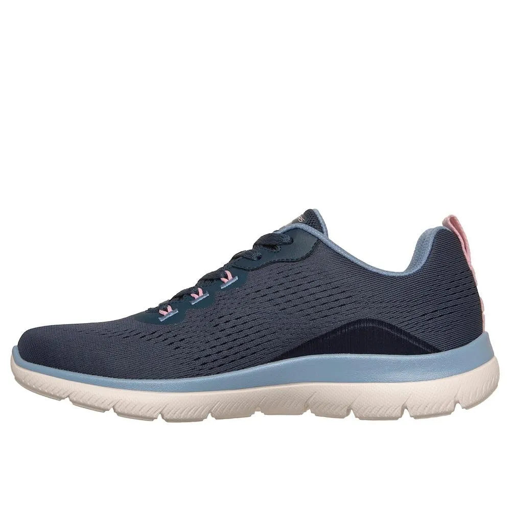 Skechers Arch Fit Summits Daily Flow women's navy and light blue vegan textile lace-up trainers with arch support.