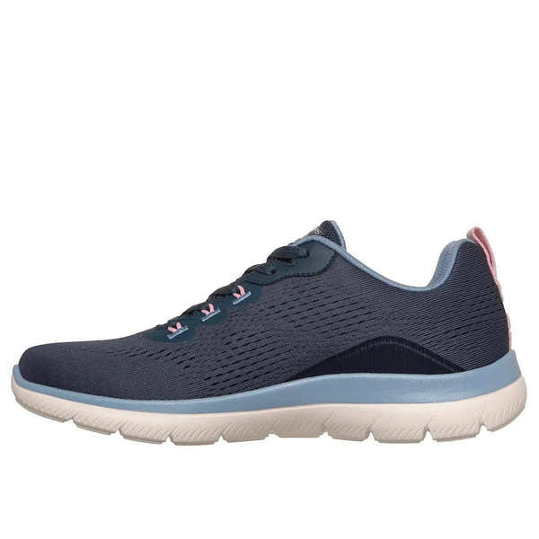 Skechers Arch Fit Summits Daily Flow women's navy and light blue vegan textile lace-up trainers with arch support.