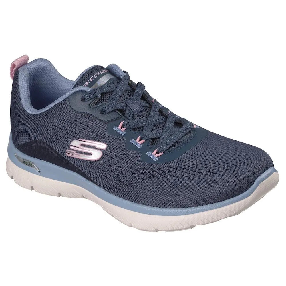 Skechers Arch Fit Summits Daily Flow ladies' navy and light blue vegan textile trainers with arch support and lace-up design.