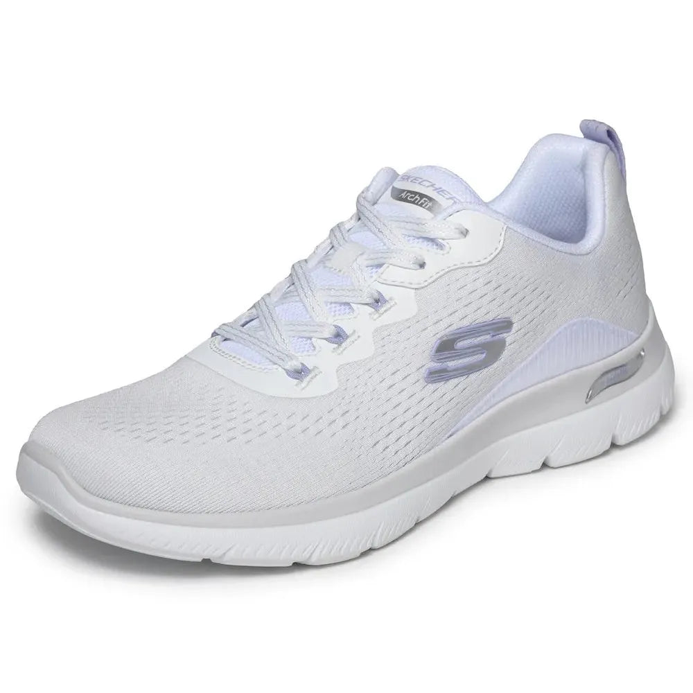 Skechers Arch Fit Summits Daily Flow ladies' white and lavender vegan athletic trainers with arch support and lace-up design.