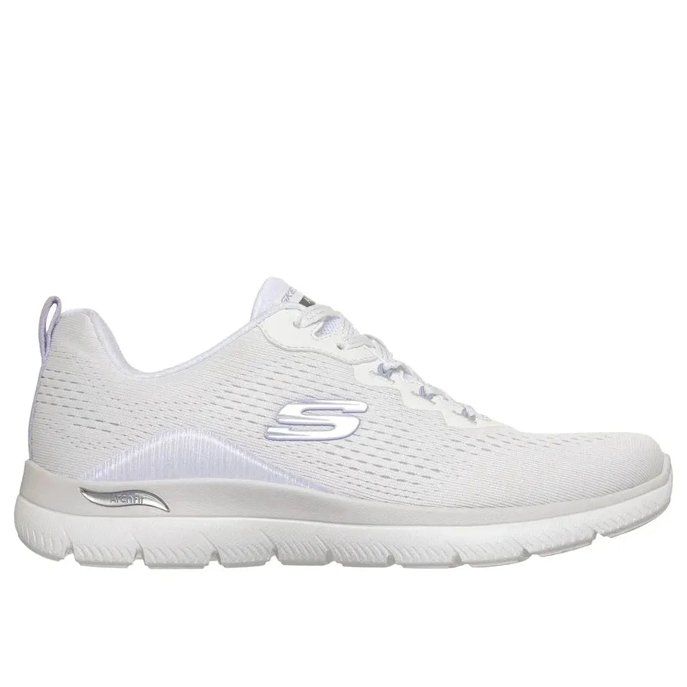 Skechers Arch Fit Summits Daily Flow women's white and lavender textile vegan athletic trainers with lace-up design and supportive sole.