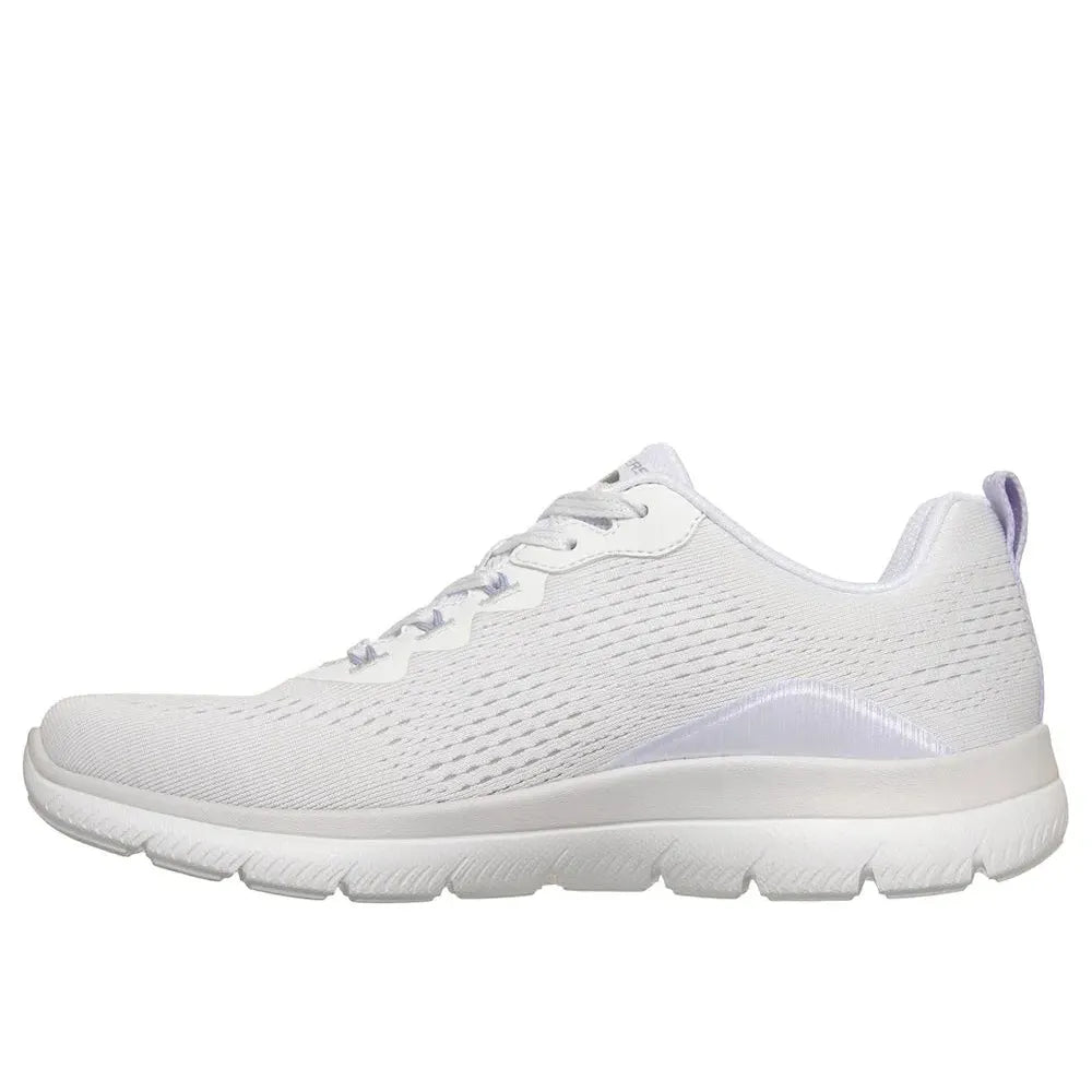 Skechers Arch Fit Summits Daily Flow women's white and lavender vegan lace-up athletic trainers with arch support and breathable textile upper.