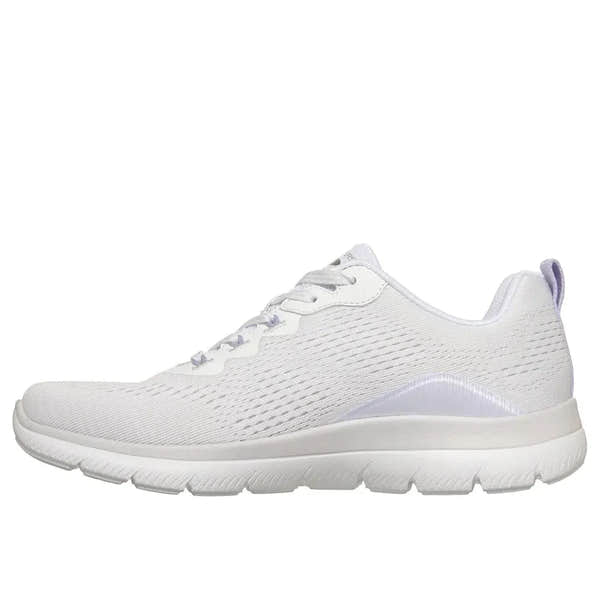 Skechers Arch Fit Summits Daily Flow women's white and lavender vegan lace-up athletic trainers with arch support and breathable textile upper.