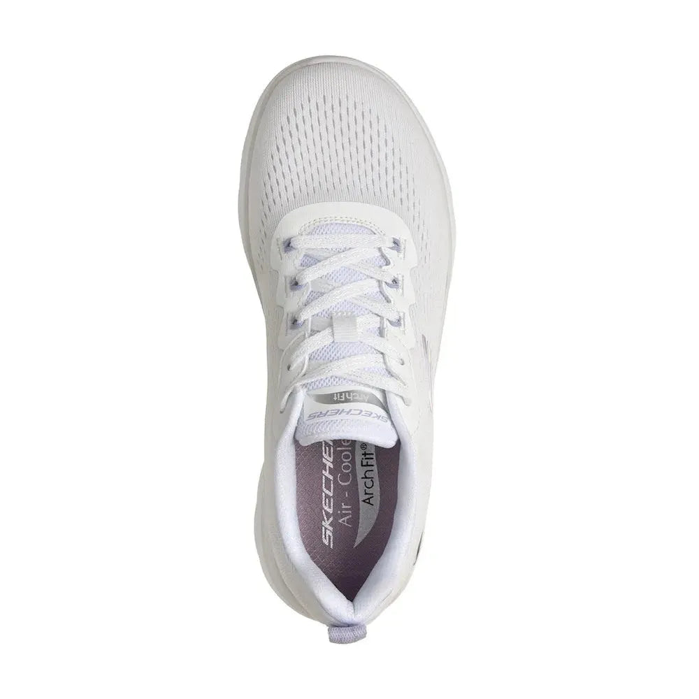 Skechers Arch Fit Summits Daily Flow women's white and lavender vegan lace-up trainers with arch support and breathable textile upper.