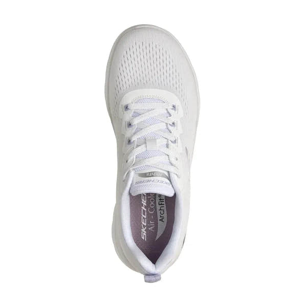 Skechers Arch Fit Summits Daily Flow women's white and lavender vegan lace-up trainers with arch support and breathable textile upper.
