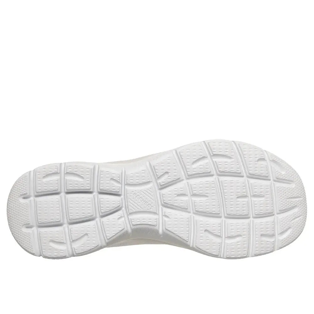 Skechers Arch Fit Summits Daily Flow ladies vegan athletic trainers with white and lavender textile upper, lace-up design, and supportive arch sole.