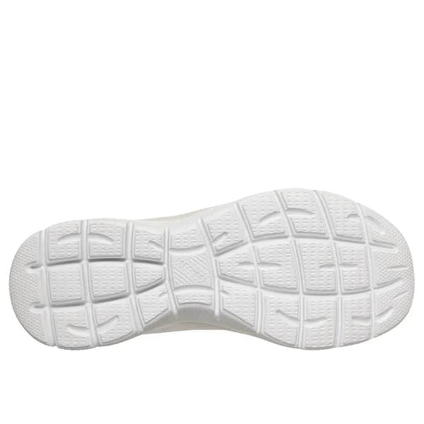 Skechers Arch Fit Summits Daily Flow ladies vegan athletic trainers with white and lavender textile upper, lace-up design, and supportive arch sole.