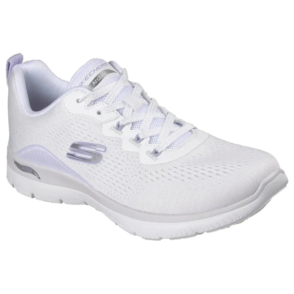 Skechers Arch Fit Summits Daily Flow women's white and lavender vegan lace-up trainers with arch support and breathable textile upper.
