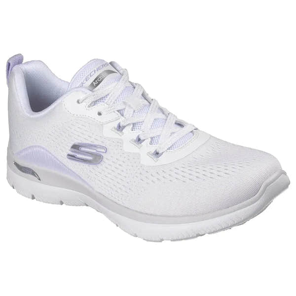 Skechers Arch Fit Summits Daily Flow women's white and lavender vegan lace-up trainers with arch support and breathable textile upper.