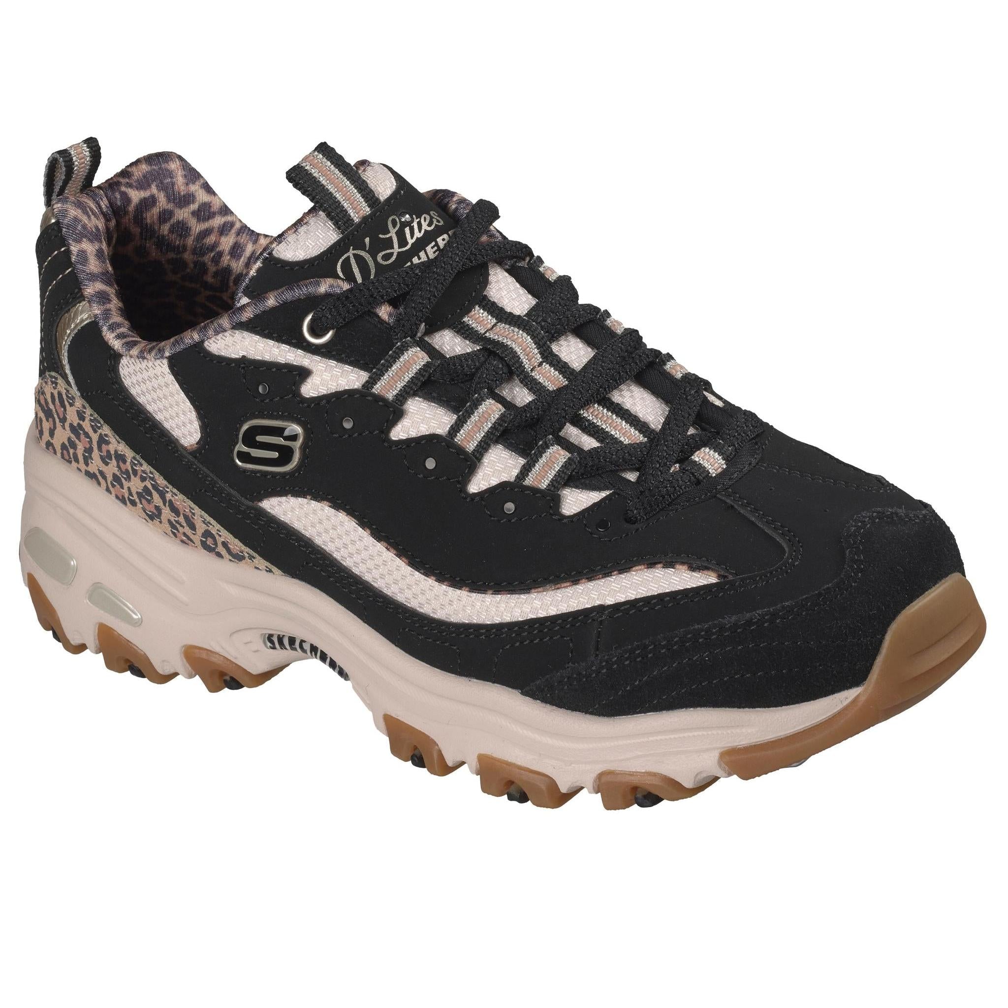 Skechers 150877 D'Lites-Wild Charm Ladies Black Textile Shoes, outer side view.