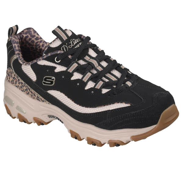 Skechers 150877 D'Lites-Wild Charm Ladies Black Textile Shoes, outer side view.
