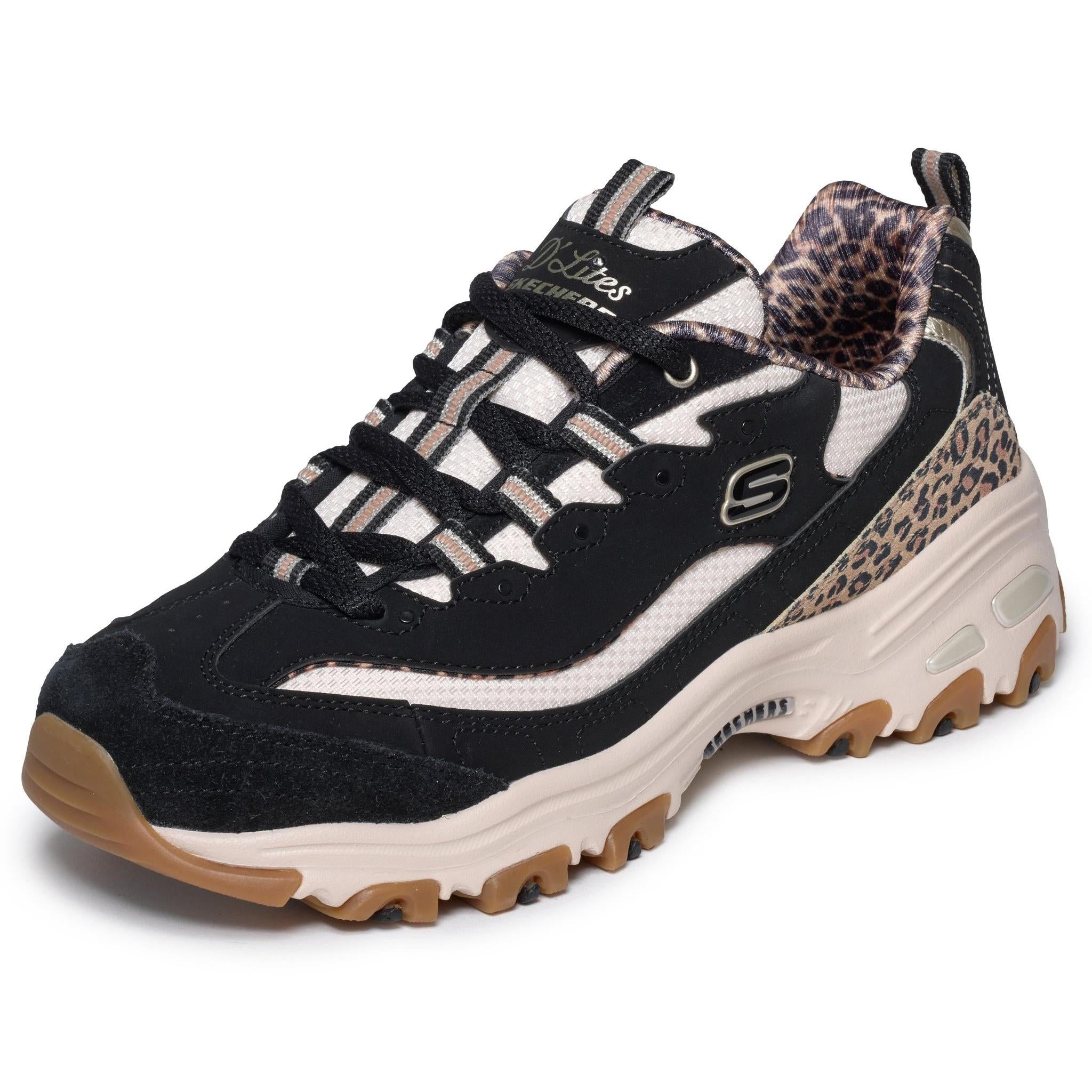 Skechers 150877 D'Lites-Wild Charm Ladies Black Textile Shoes, left side view.