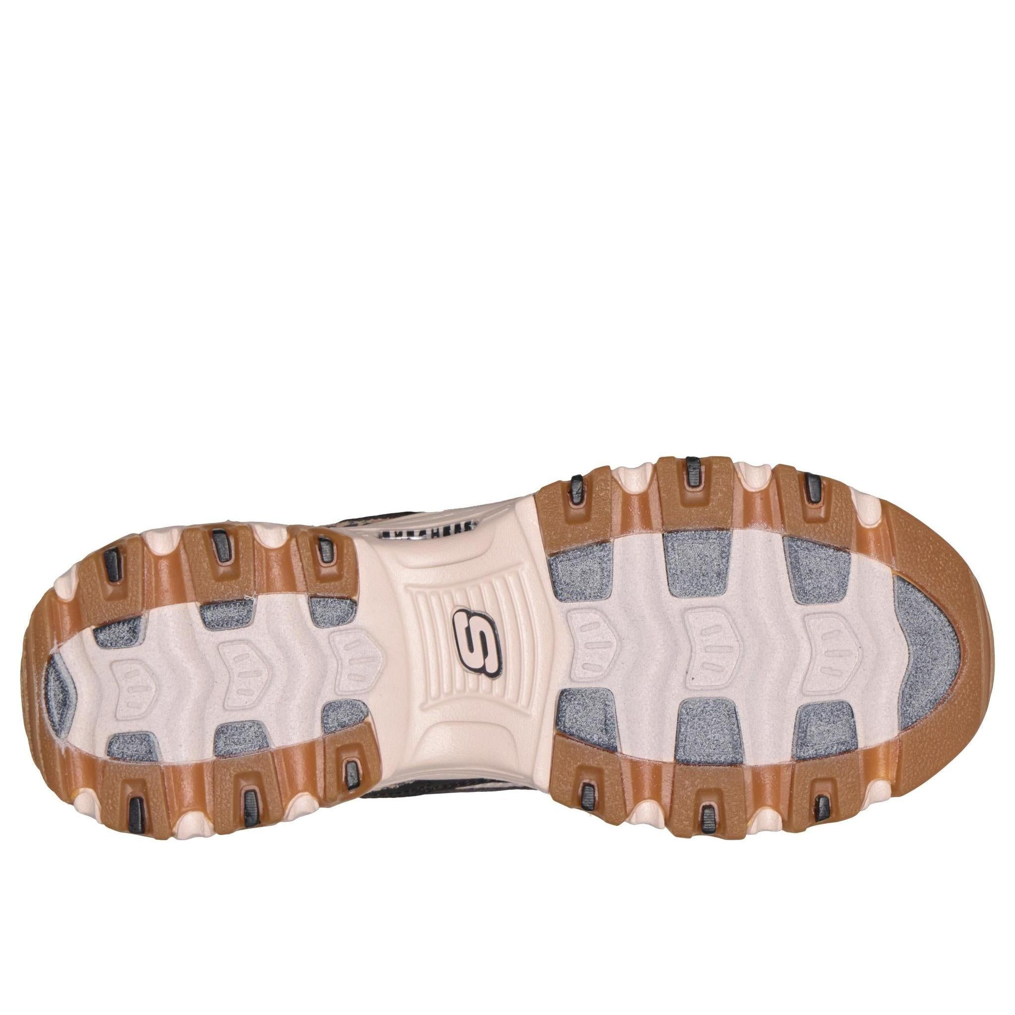 Skechers 150877 D'Lites-Wild Charm Ladies Black Textile Shoes, sole and tread view.